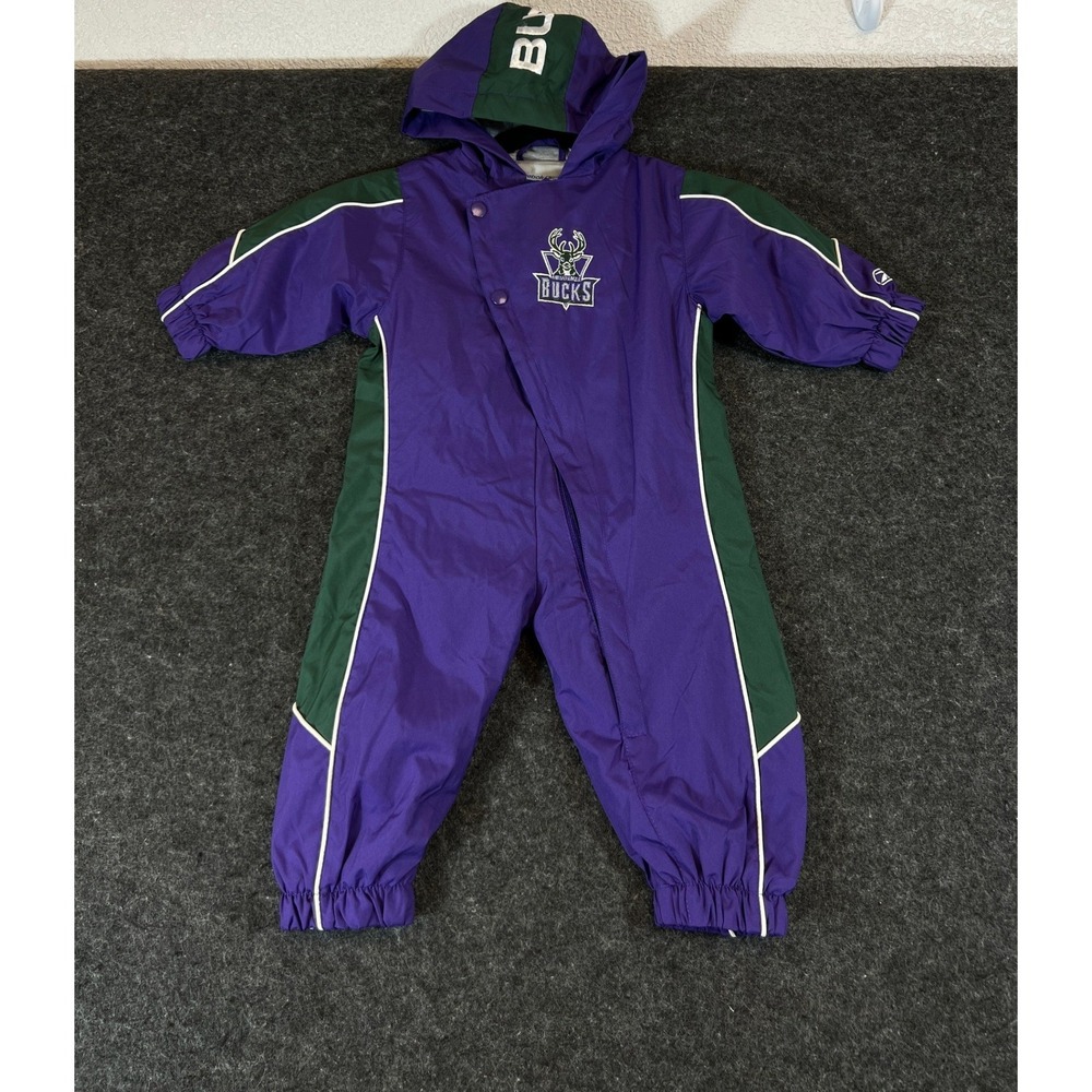 VINTAGE Reebok Milwaukee Bucks Jumpsuit Kids Size 12 Purple NBA Hooded Snowsuit
